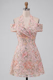 Blush Floral Sequins A-Line Cold Shoulder Short Homecoming Dress