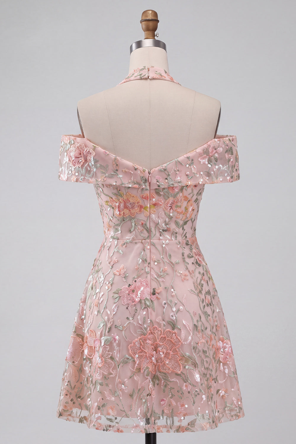 Blush Floral Sequins A-Line Cold Shoulder Short Homecoming Dress