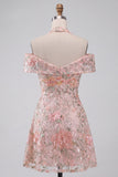 Blush Floral Sequins A-Line Cold Shoulder Short Homecoming Dress