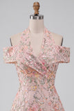 Blush Floral Sequins A-Line Cold Shoulder Short Homecoming Dress