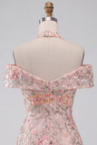 Blush Floral Sequins A-Line Cold Shoulder Short Homecoming Dress