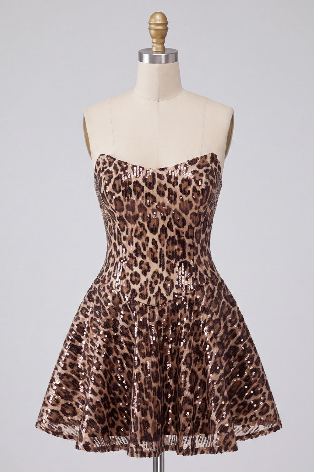 Khaki Cheetah Print Strapless A Line Sequins Short Homecoming Dress