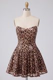Khaki Cheetah Print Strapless A Line Sequins Short Homecoming Dress
