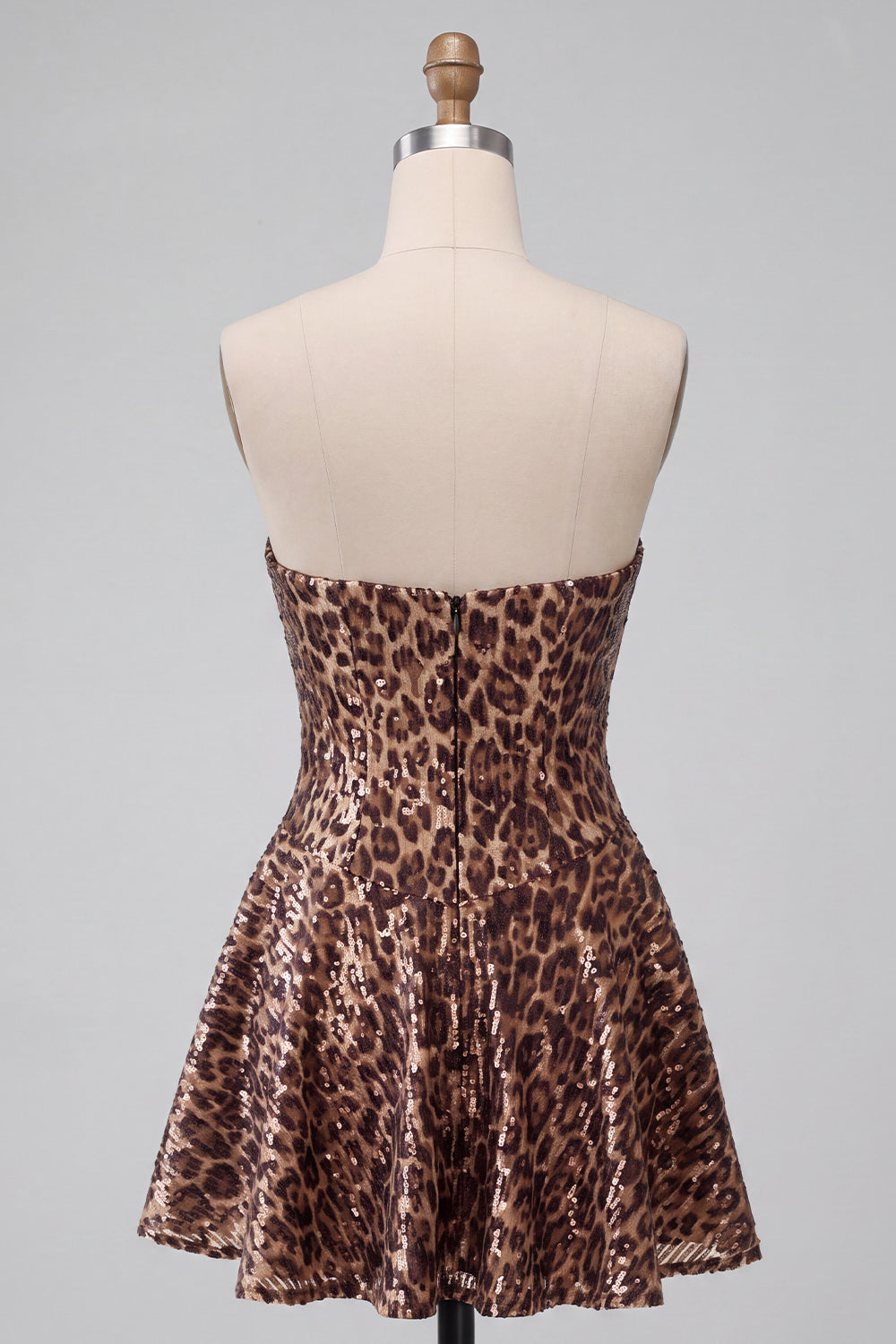 Khaki Cheetah Print Strapless A Line Sequins Short Homecoming Dress