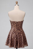 Khaki Cheetah Print Strapless A Line Sequins Short Homecoming Dress