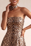 Khaki Cheetah Print A Line Sequins Short Homecoming Dress with 3D Flower