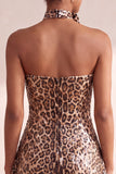 Khaki Cheetah Print A Line Sequins Short Homecoming Dress with 3D Flower
