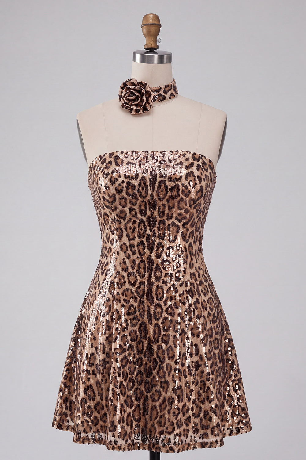 Khaki Cheetah Print A Line Sequins Short Homecoming Dress with 3D Flower