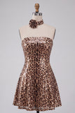 Khaki Cheetah Print A Line Sequins Short Homecoming Dress with 3D Flower
