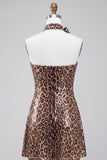 Khaki Cheetah Print A Line Sequins Short Homecoming Dress with 3D Flower