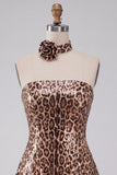 Khaki Cheetah Print A Line Sequins Short Homecoming Dress with 3D Flower