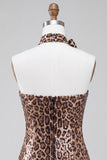 Khaki Cheetah Print A Line Sequins Short Homecoming Dress with 3D Flower