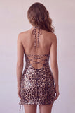 Sparkly Khaki Cheetah Print Tight Keyhole Short Homecoming Dress with Slit