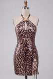 Sparkly Khaki Cheetah Print Tight Keyhole Short Homecoming Dress with Slit