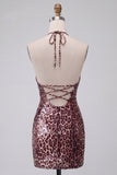 Sparkly Khaki Cheetah Print Tight Keyhole Short Homecoming Dress with Slit