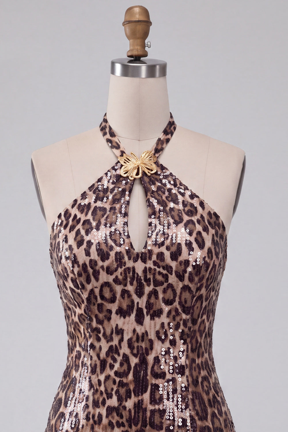Sparkly Khaki Cheetah Print Tight Keyhole Short Homecoming Dress with Slit
