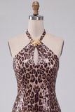 Sparkly Khaki Cheetah Print Tight Keyhole Short Homecoming Dress with Slit
