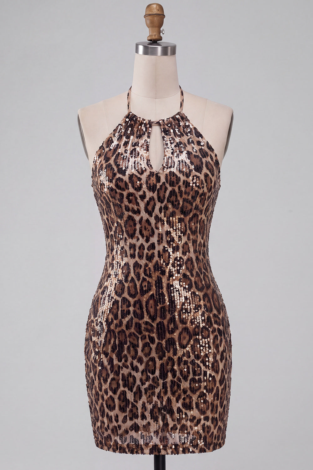Sparkly Khaki Cheetah Print Tight Halter Keyhole Short Homecoming Dress