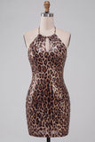 Sparkly Khaki Cheetah Print Tight Halter Keyhole Short Homecoming Dress