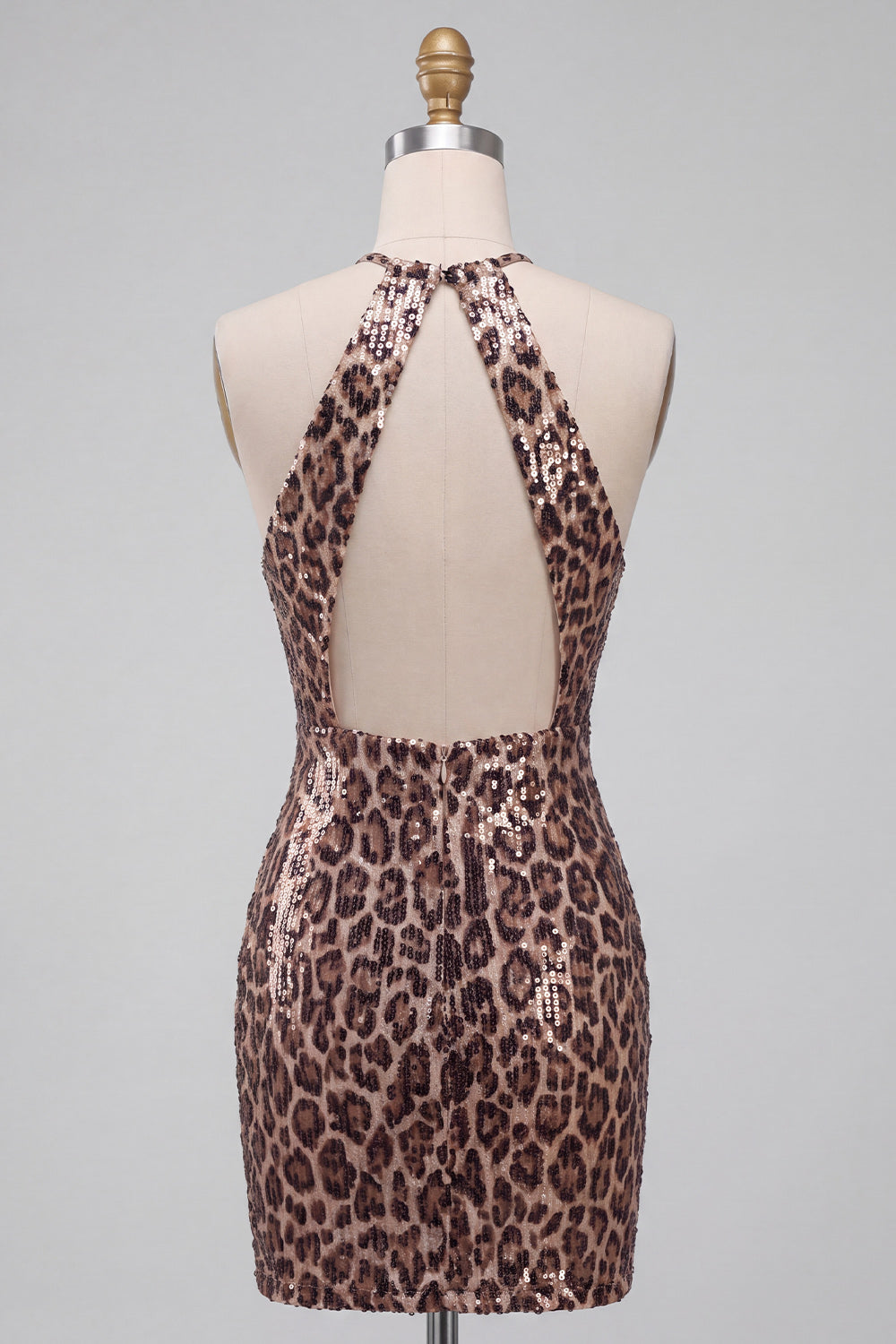 Sparkly Khaki Cheetah Print Tight Halter Keyhole Short Homecoming Dress
