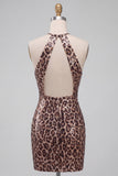 Sparkly Khaki Cheetah Print Tight Halter Keyhole Short Homecoming Dress