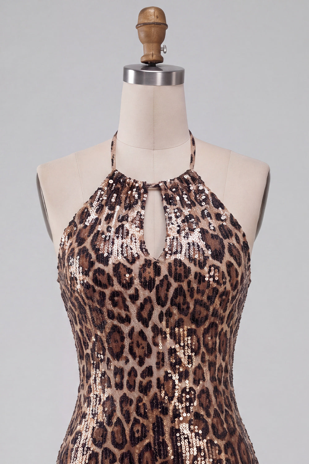 Sparkly Khaki Cheetah Print Tight Halter Keyhole Short Homecoming Dress