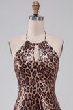 Sparkly Khaki Cheetah Print Tight Halter Keyhole Short Homecoming Dress
