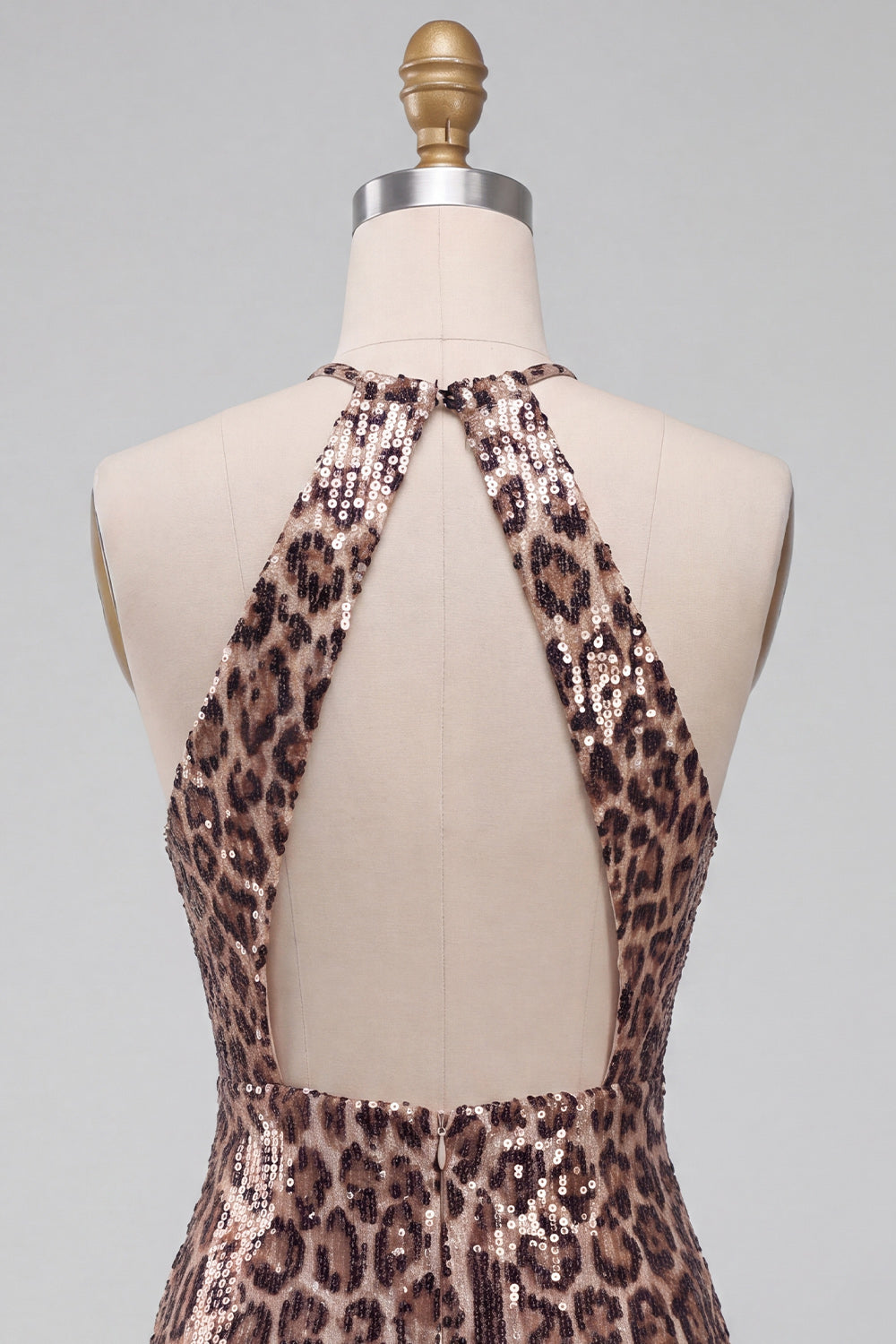 Sparkly Khaki Cheetah Print Tight Halter Keyhole Short Homecoming Dress