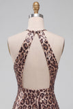 Sparkly Khaki Cheetah Print Tight Halter Keyhole Short Homecoming Dress