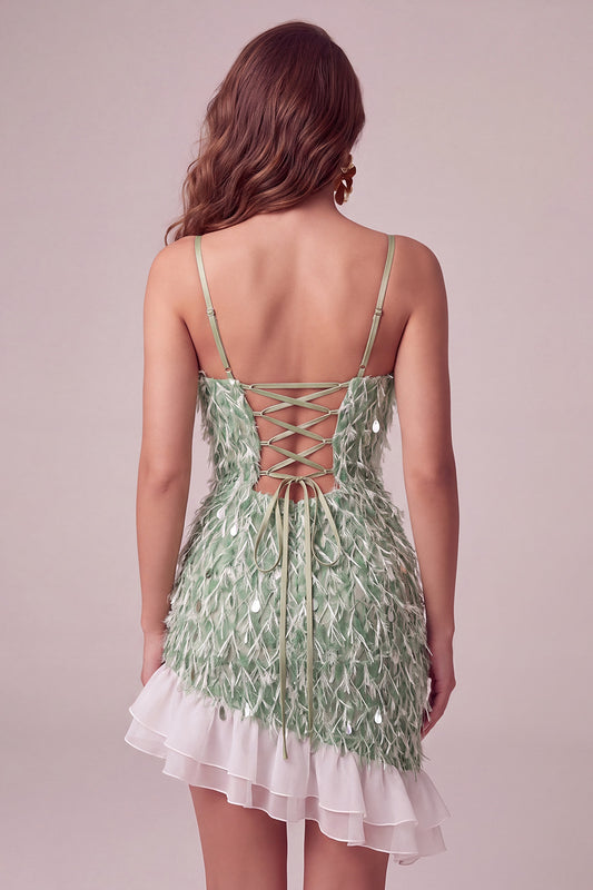 Sparkly Green Tight Sequin Ruffled Short Homecoming Dress with Feather