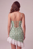 Sparkly Green Tight Sequin Ruffled Short Homecoming Dress with Feather