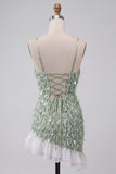 Sparkly Green Tight Sequin Ruffled Short Homecoming Dress with Feather