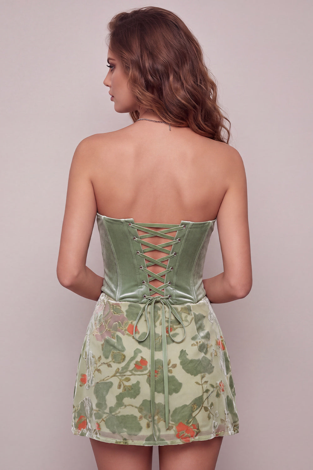 Dusty Sage Floral Strapless Short Corset Homecoming Dress