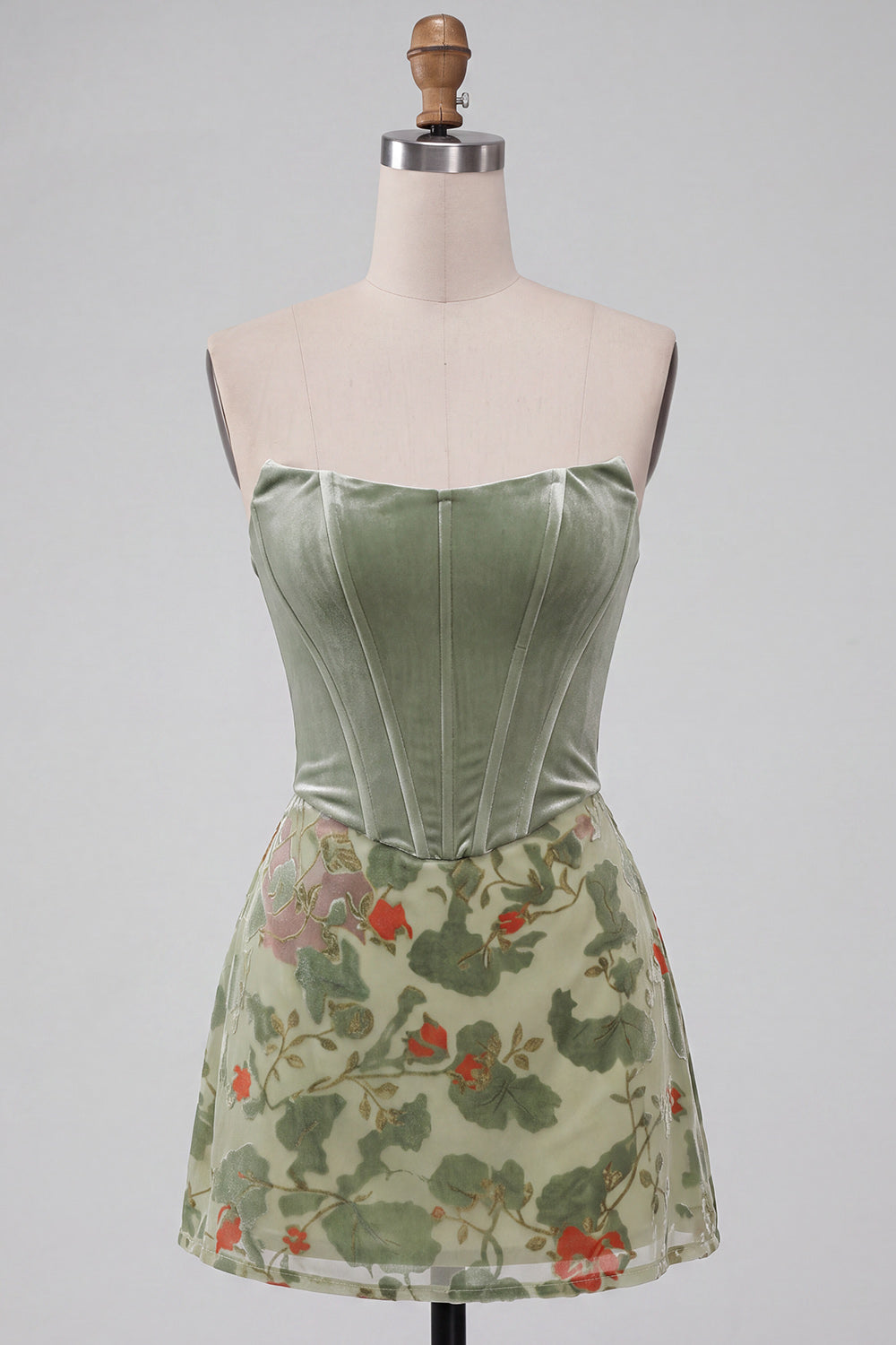 Dusty Sage Floral Strapless Short Corset Homecoming Dress