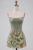 Dusty Sage Floral Strapless Short Corset Homecoming Dress