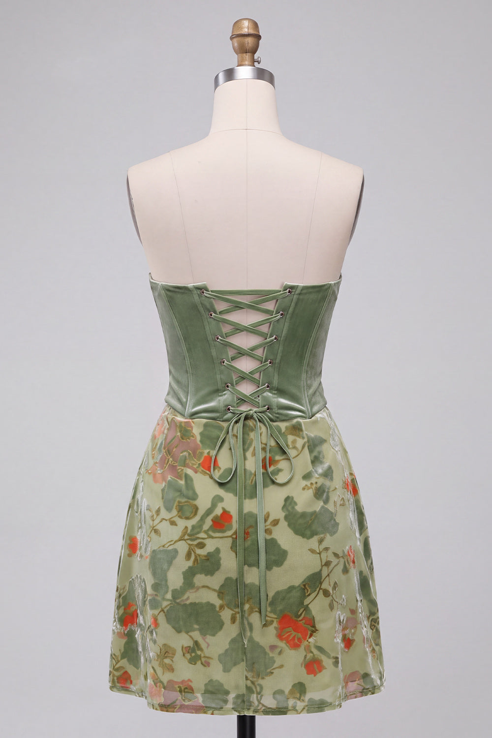 Dusty Sage Floral Strapless Short Corset Homecoming Dress