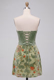 Dusty Sage Floral Strapless Short Corset Homecoming Dress