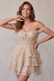 Sparkly Champagne Sequin Ruffled A Line Short Corset Homecoming Dress