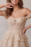 Sparkly Champagne Sequin Ruffled A Line Short Corset Homecoming Dress