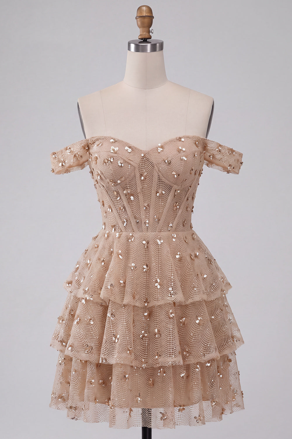 Sparkly Champagne Sequin Ruffled A Line Short Corset Homecoming Dress