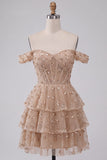 Sparkly Champagne Sequin Ruffled A Line Short Corset Homecoming Dress