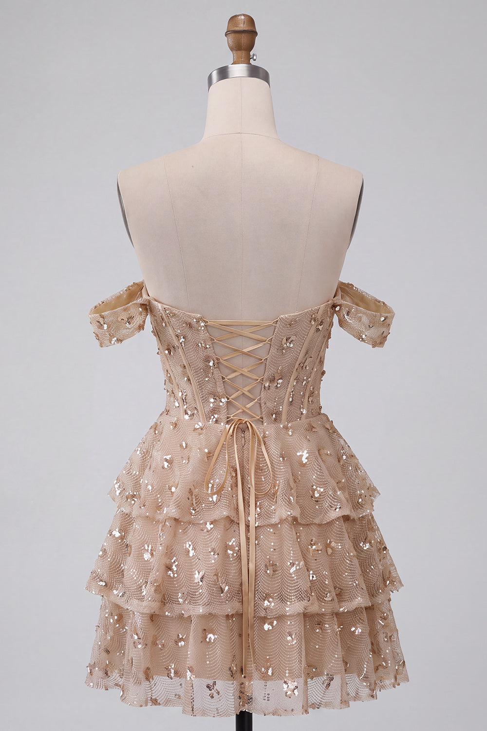 Sparkly Champagne Sequin Ruffled A Line Short Corset Homecoming Dress
