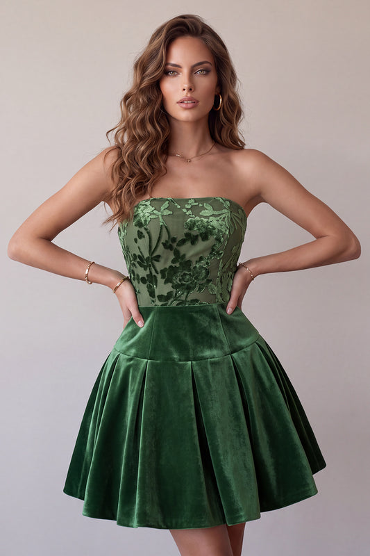 Dark Green Floral Velvet A Line Ruched Short Homecoming Dress