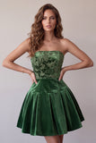 Dark Green Floral Velvet A Line Ruched Short Homecoming Dress
