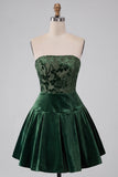Dark Green Floral Velvet A Line Ruched Short Homecoming Dress