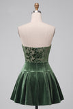 Dark Green Floral Velvet A Line Ruched Short Homecoming Dress
