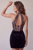 Black Floral Corset Halter Velvet Tight Short Homecoming Dress
