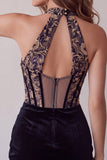 Black Floral Corset Halter Velvet Tight Short Homecoming Dress