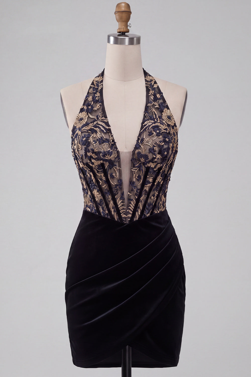 Black Floral Corset Halter Velvet Tight Short Homecoming Dress
