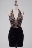 Black Floral Corset Halter Velvet Tight Short Homecoming Dress